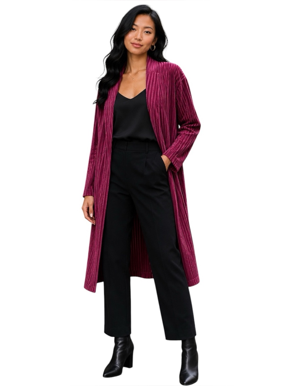 Boohoo Velour Longline Open Kimono Cardigan Wine Ribbed Size 14